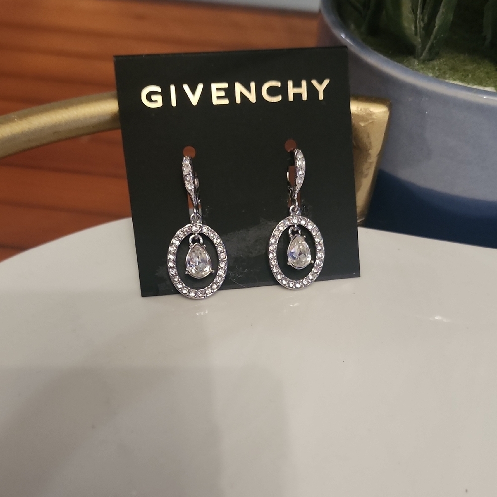 Givenchy Silver Oval Drop Earrings with Crystal Embellishments